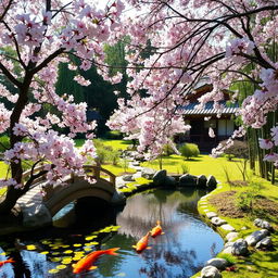 A serene landscape of a Japanese-style garden with cherry blossoms in full bloom, a small pond with koi fish swimming, and an arched wooden bridge