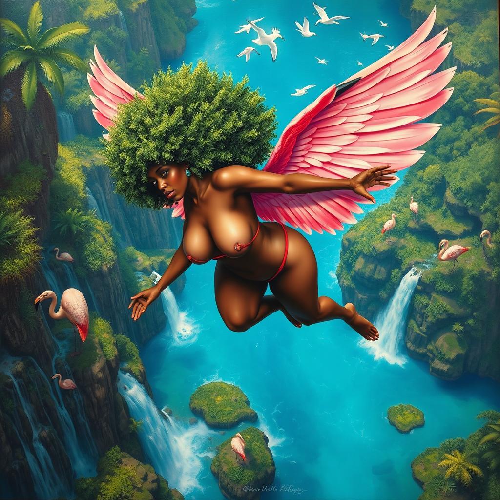 A polished, oil-based painting capturing an aerial view of a full nude body of a gorgeous black woman with a bright green tree afro and pink flamingo wings