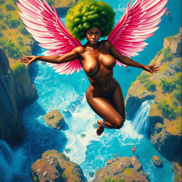 A polished, oil-based painting capturing an aerial view of a full nude body of a gorgeous black woman with a bright green tree afro and pink flamingo wings