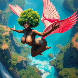 A polished, oil-based painting capturing an aerial view of a full nude body of a gorgeous black woman with a bright green tree afro and pink flamingo wings