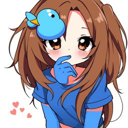 Anime-style illustration of a girl with loose brown hair, featuring a blue duck hair clip