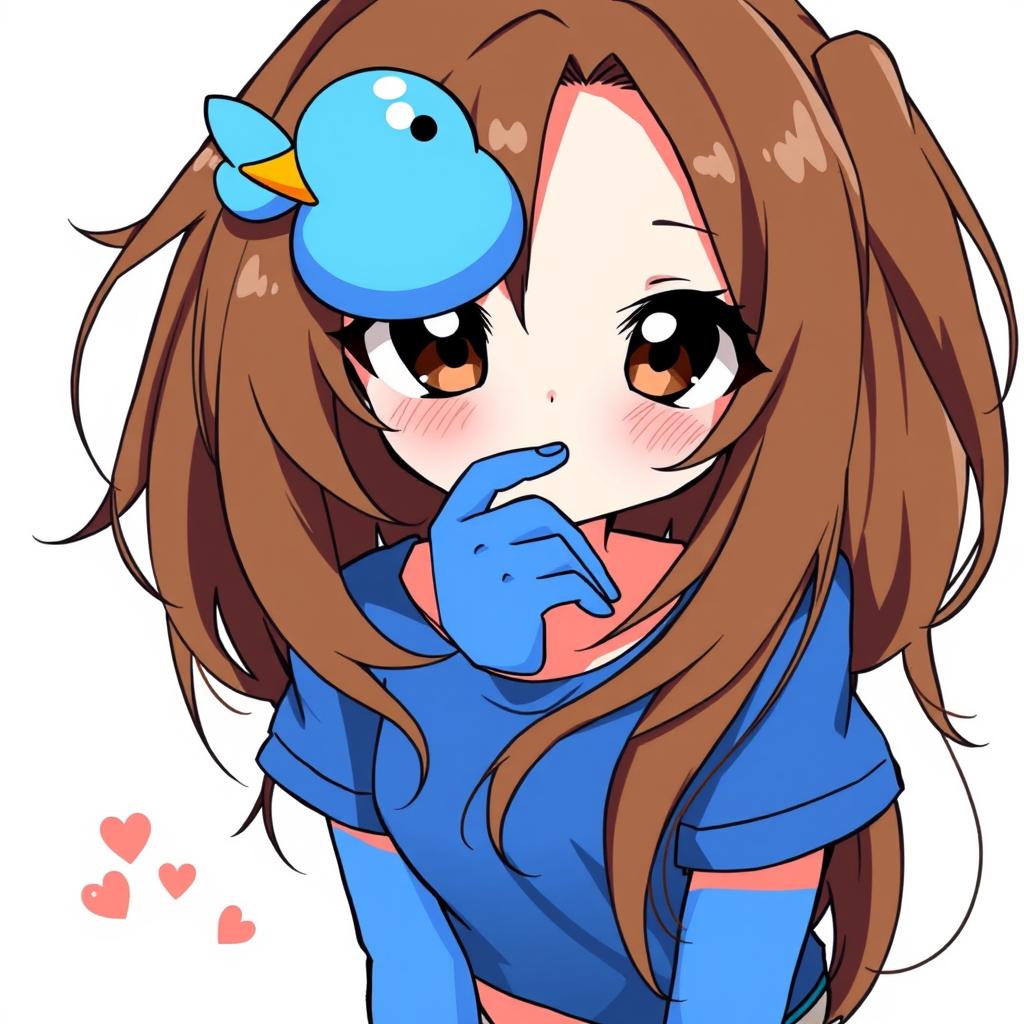 Anime-style illustration of a girl with loose brown hair, featuring a blue duck hair clip