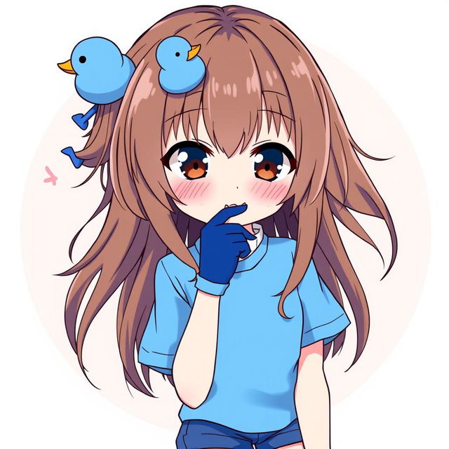 Anime-style illustration of a girl with loose brown hair, featuring a blue duck hair clip