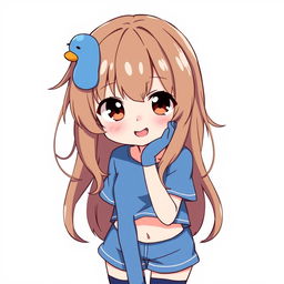 Anime-style illustration of a girl with loose brown hair, featuring a blue duck hair clip