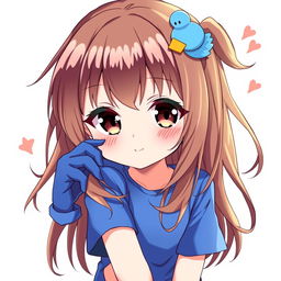 Anime-style illustration of a girl with loose brown hair, featuring a blue duck hair clip