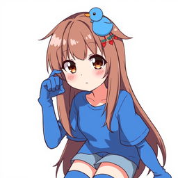 Anime-style illustration of a girl with a brown mullet hairstyle, adding a unique and edgy look, adorned with a playful blue duck hair clip