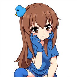 Anime-style illustration of a girl with a brown mullet hairstyle, adding a unique and edgy look, adorned with a playful blue duck hair clip