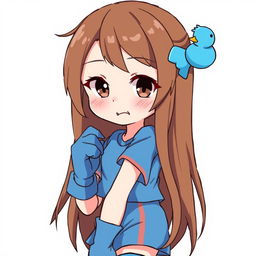 Anime-style illustration of a girl with a brown mullet hairstyle, adding a unique and edgy look, adorned with a playful blue duck hair clip