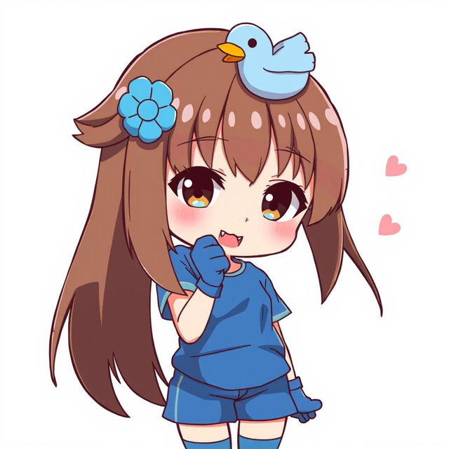 Anime-style illustration of a girl with a brown mullet hairstyle, adding a unique and edgy look, adorned with a playful blue duck hair clip