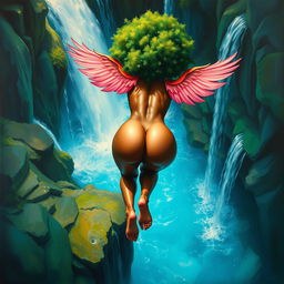 A polished, oil-based painting depicting a full nude backside body view of a gorgeous black woman with a bright green tree afro and pink flamingo wings, showcasing her beautiful big booty as she dives into a bright blue waterfall