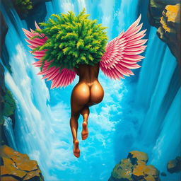 A polished, oil-based painting depicting a full nude backside body view of a gorgeous black woman with a bright green tree afro and pink flamingo wings, showcasing her beautiful big booty as she dives into a bright blue waterfall