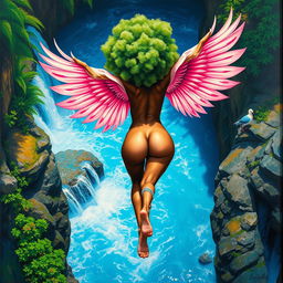 A polished, oil-based painting depicting a full nude backside body aerial view of a gorgeous black woman with a bright green tree afro and pink flamingo wings