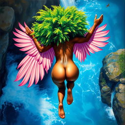 A polished, oil-based painting depicting a full nude backside body aerial view of a gorgeous black woman with a bright green tree afro and pink flamingo wings