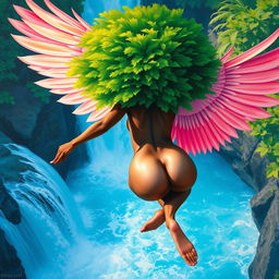 A polished, oil-based painting depicting a full nude backside body aerial view of a gorgeous black woman with a bright green tree afro and pink flamingo wings