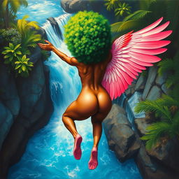 A polished, oil-based painting depicting a full nude backside body aerial view of a gorgeous black woman with a bright green tree afro and pink flamingo wings