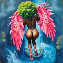 A polished, oil-based painting depicting a full nude backside body aerial view of a gorgeous black woman with a bright green tree afro and pink flamingo wings