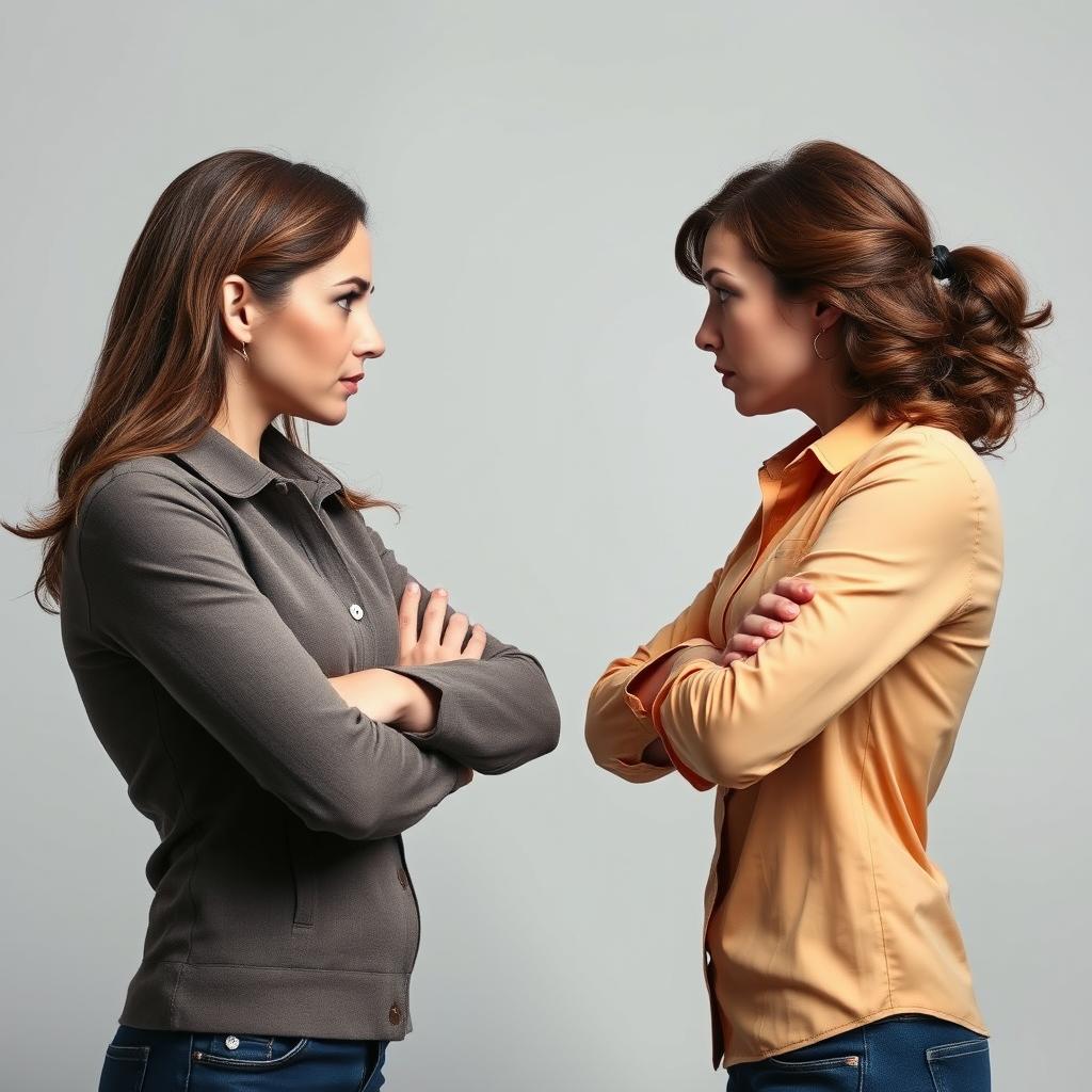 Two women facing each other with expressions of challenge, embodying rivalry and confrontation