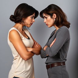 Two women facing each other with expressions of challenge, embodying rivalry and confrontation