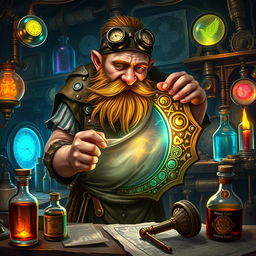 A skillful dwarf artificer crafting a lucid-gate, within an enchanting and detailed workshop