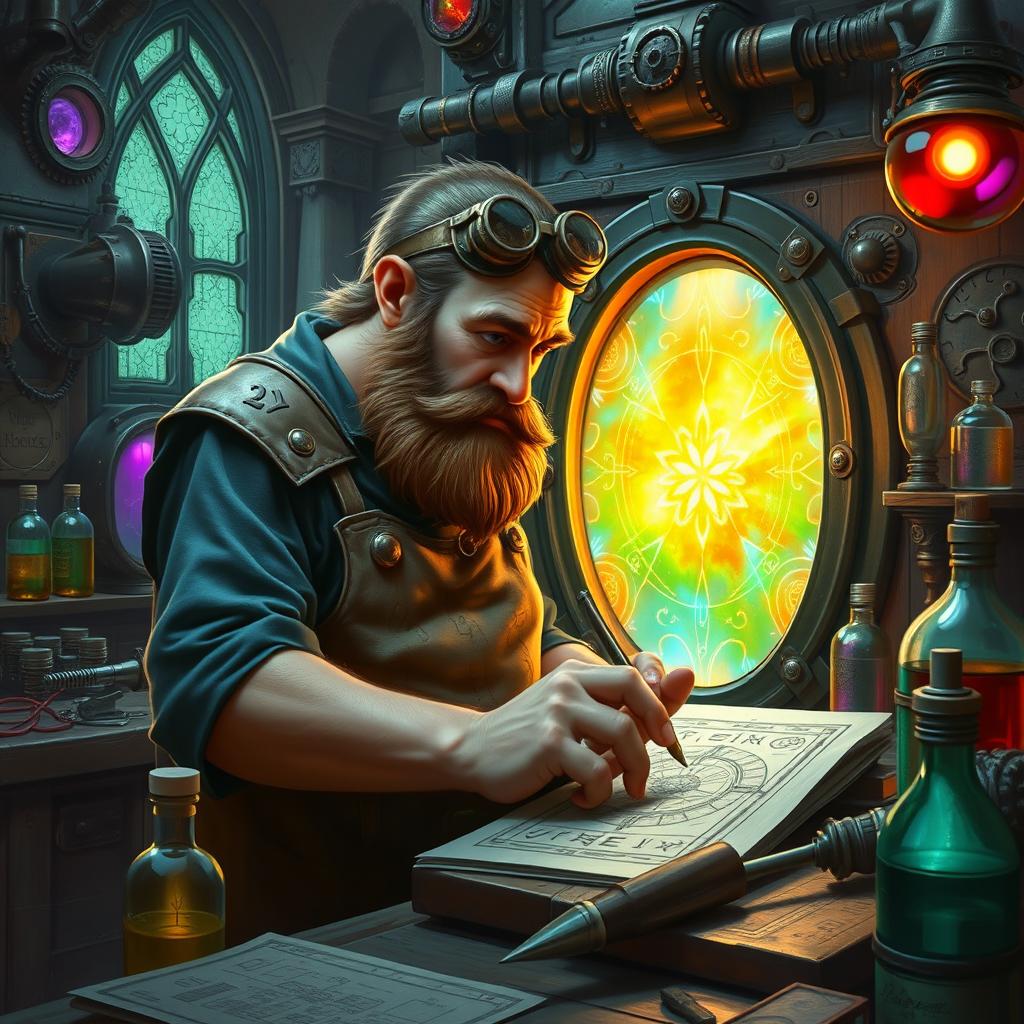 A skillful dwarf artificer crafting a lucid-gate, within an enchanting and detailed workshop