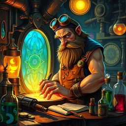 A skillful dwarf artificer crafting a lucid-gate, within an enchanting and detailed workshop