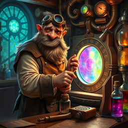 A skillful dwarf artificer crafting a lucid-gate, within an enchanting and detailed workshop