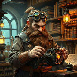 A determined dwarf artificer in an enchanting workshop, immersed in his work