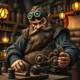 A determined dwarf artificer in an enchanting workshop, immersed in his work