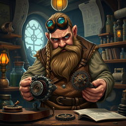 A determined dwarf artificer in an enchanting workshop, immersed in his work