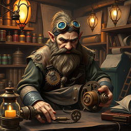 A determined dwarf artificer in an enchanting workshop, immersed in his work