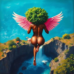 A polished, oil-based painting capturing an aerial view of a full nude backside body of a gorgeous black woman with a bright green tree afro and pink flamingo wings