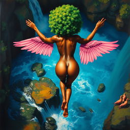 A polished, oil-based painting capturing an aerial view of a full nude backside body of a gorgeous black woman with a bright green tree afro and pink flamingo wings