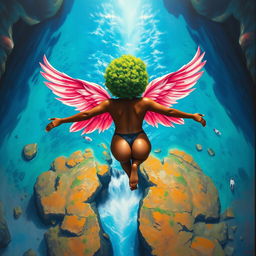 A polished, oil-based painting capturing an aerial view of a full nude backside body of a gorgeous black woman with a bright green tree afro and pink flamingo wings