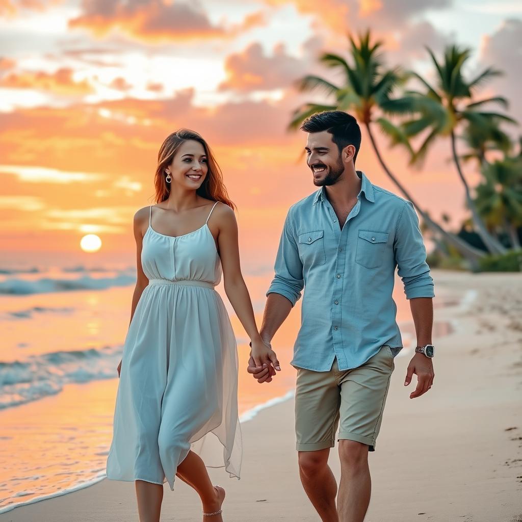 A romantic couple walking hand in hand along a beautiful sunset beach