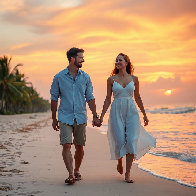 A romantic couple walking hand in hand along a beautiful sunset beach