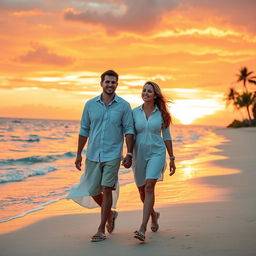 A romantic couple walking hand in hand along a beautiful sunset beach