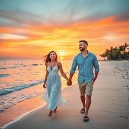 A romantic couple walking hand in hand along a beautiful sunset beach