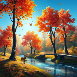 Create an imaginative and vibrant depiction of an autumn forest landscape