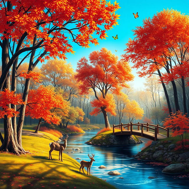 Create an imaginative and vibrant depiction of an autumn forest landscape