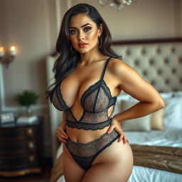 A confident and attractive woman in stylish lingerie, highlighting her curvy figure with a focus on her ample bust and hips