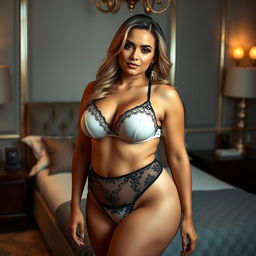 A confident and attractive woman in stylish lingerie, highlighting her curvy figure with a focus on her ample bust and hips