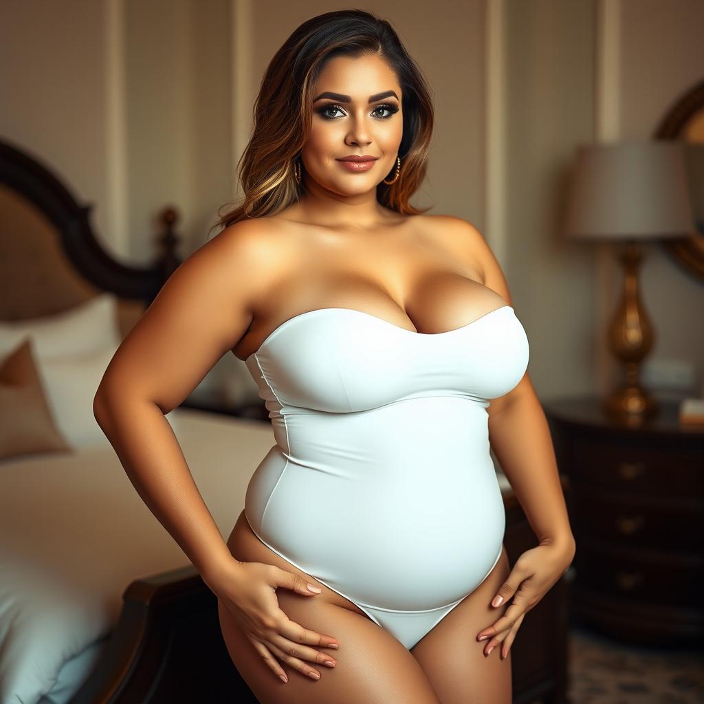 A confident and attractive woman with a curvy figure, emphasizing her ample bust and hips, posed gracefully