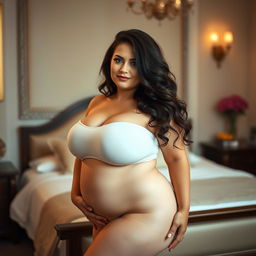 A confident and attractive woman with a curvy figure, emphasizing her ample bust and hips, posed gracefully