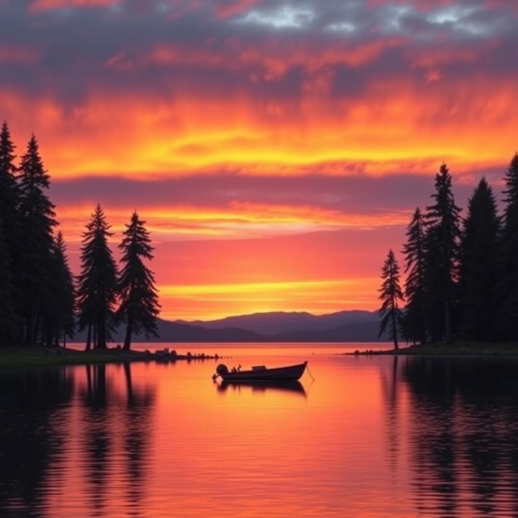 A serene landscape featuring a vibrant sunset over a tranquil lake