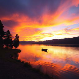 A serene landscape featuring a vibrant sunset over a tranquil lake