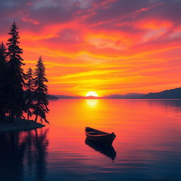 A serene landscape featuring a vibrant sunset over a tranquil lake