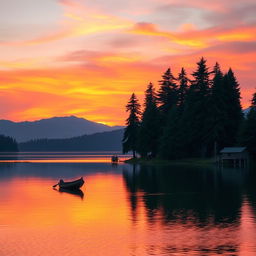 A serene landscape featuring a vibrant sunset over a tranquil lake