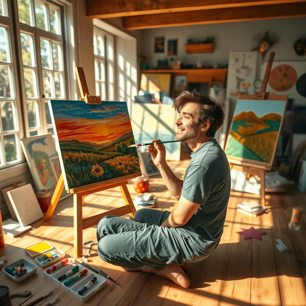 A whimsical scene of an artist in a sunlit studio, brush in hand, focusing intensely on creating a masterpiece