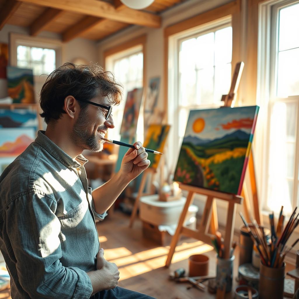 A whimsical scene of an artist in a sunlit studio, brush in hand, focusing intensely on creating a masterpiece