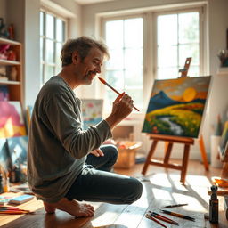 A whimsical scene of an artist in a sunlit studio, brush in hand, focusing intensely on creating a masterpiece